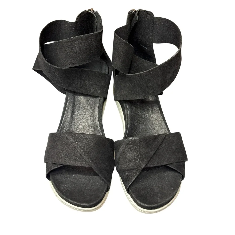Eileen Fisher Viv Tumbled Black Nubuck Wedge Sandal Resort Travel Casual 9